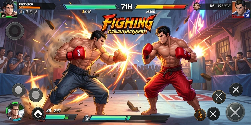 Screenshot menunjukkan karakter bertarung dalam <strong>71H</strong> dengan aksi dinamis dan grafik menarik.
