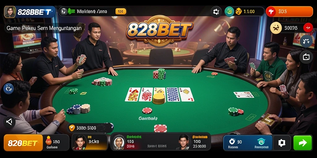 Tampilan gameplay menegangkan dari 828BET di atas meja poker.