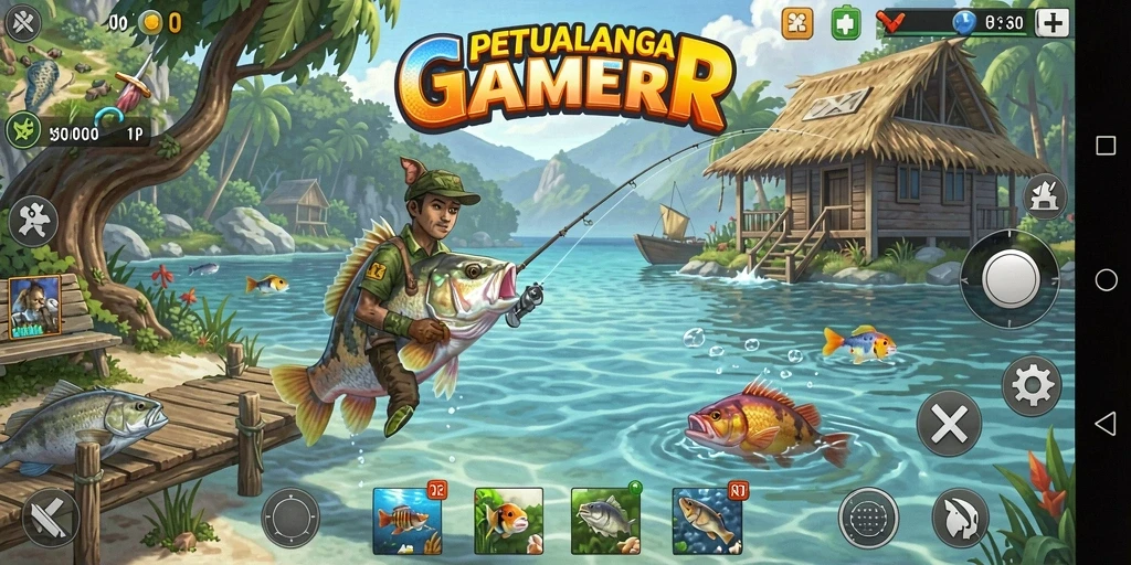 Gameplay GAMERP dengan aksi memancing yang seru dan menarik.