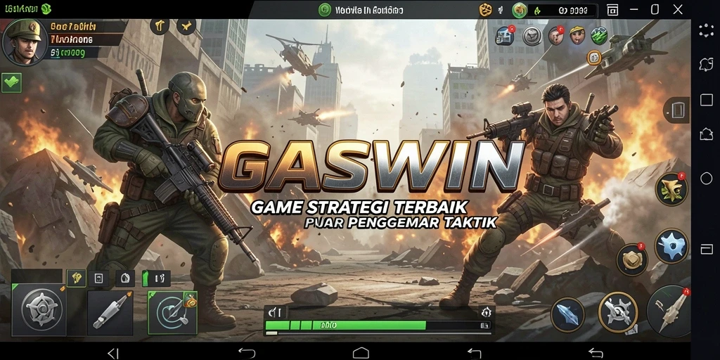 Tangkapan layar utama GASWIN menunjukkan pertempuran yang intens dan strategis.