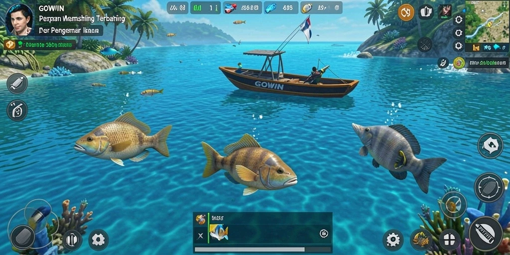 Screenshot GOWIN menampilkan pemain yang sedang memancing di danau yang indah.