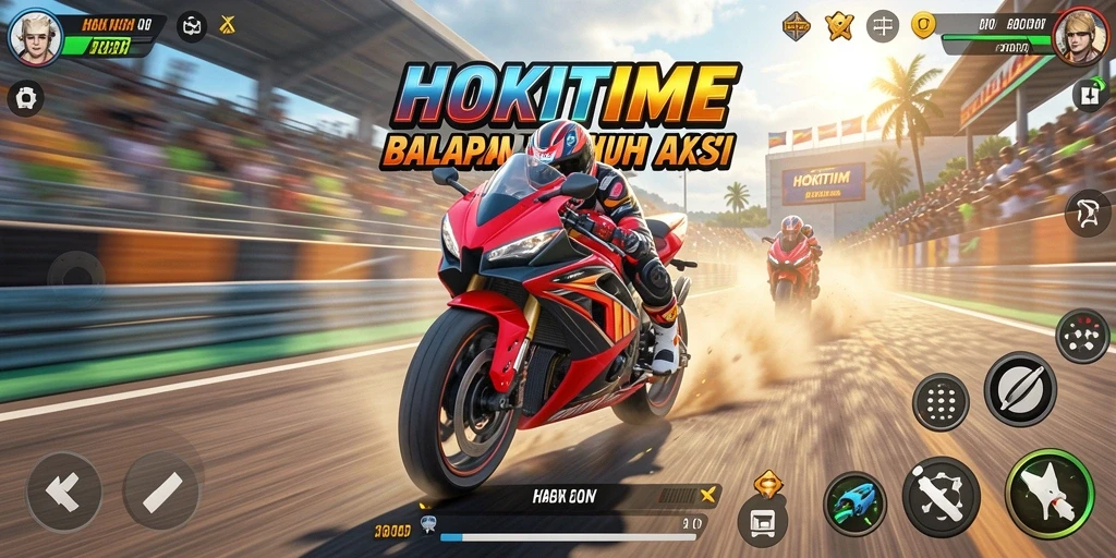 Screenshot HOKITIME menampilkan aksi balapan motor yang mendebarkan.