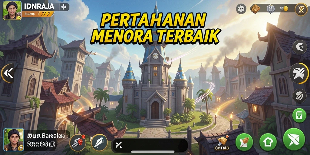 Screenshot gameplay Tower Defense yang menampilkan menara berfungsi dalam pertempuran.