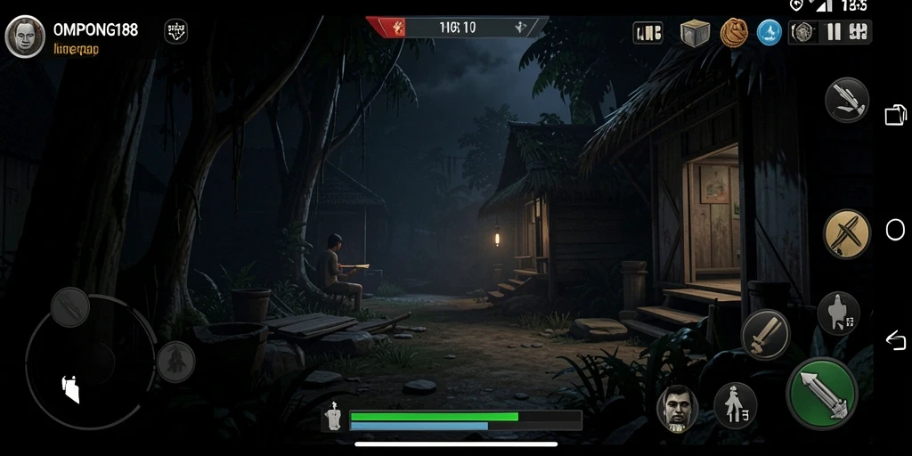 Tangkapan layar OMPONG188 menunjukkan suasana menyeramkan dan gameplay menegangkan.