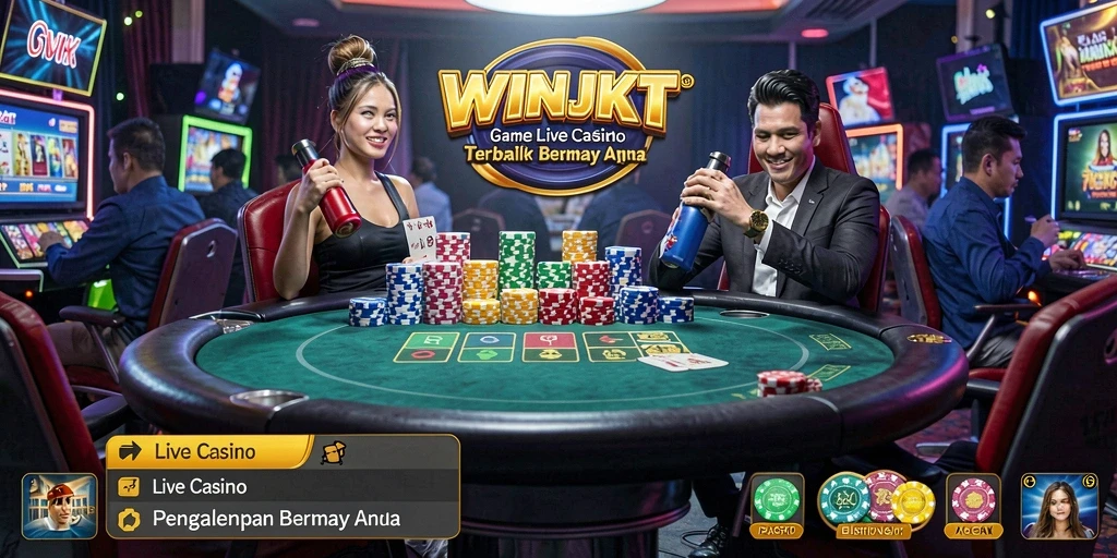 Screenshot gameplay WINJKT yang menampilkan dealer langsung dan pemain aktif.