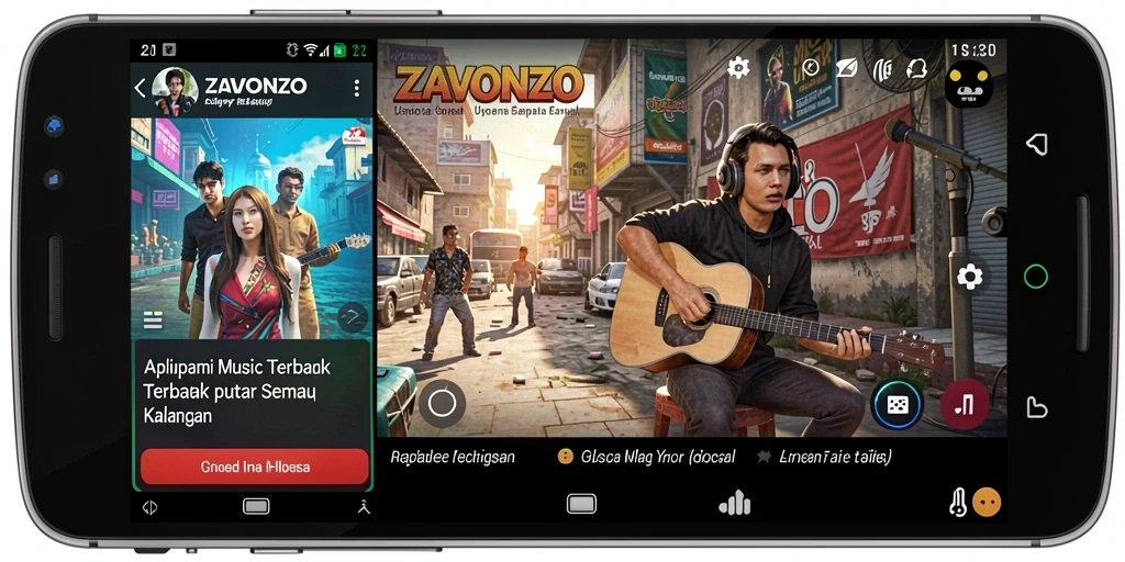 Screenshot gameplay ZAVONZO menunjukkan pengguna sedang bermain musik dengan seru.